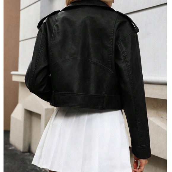 Luxe Vegan Leather Zip up Cropped Moto Biker Jacket - Picture 3 of 11